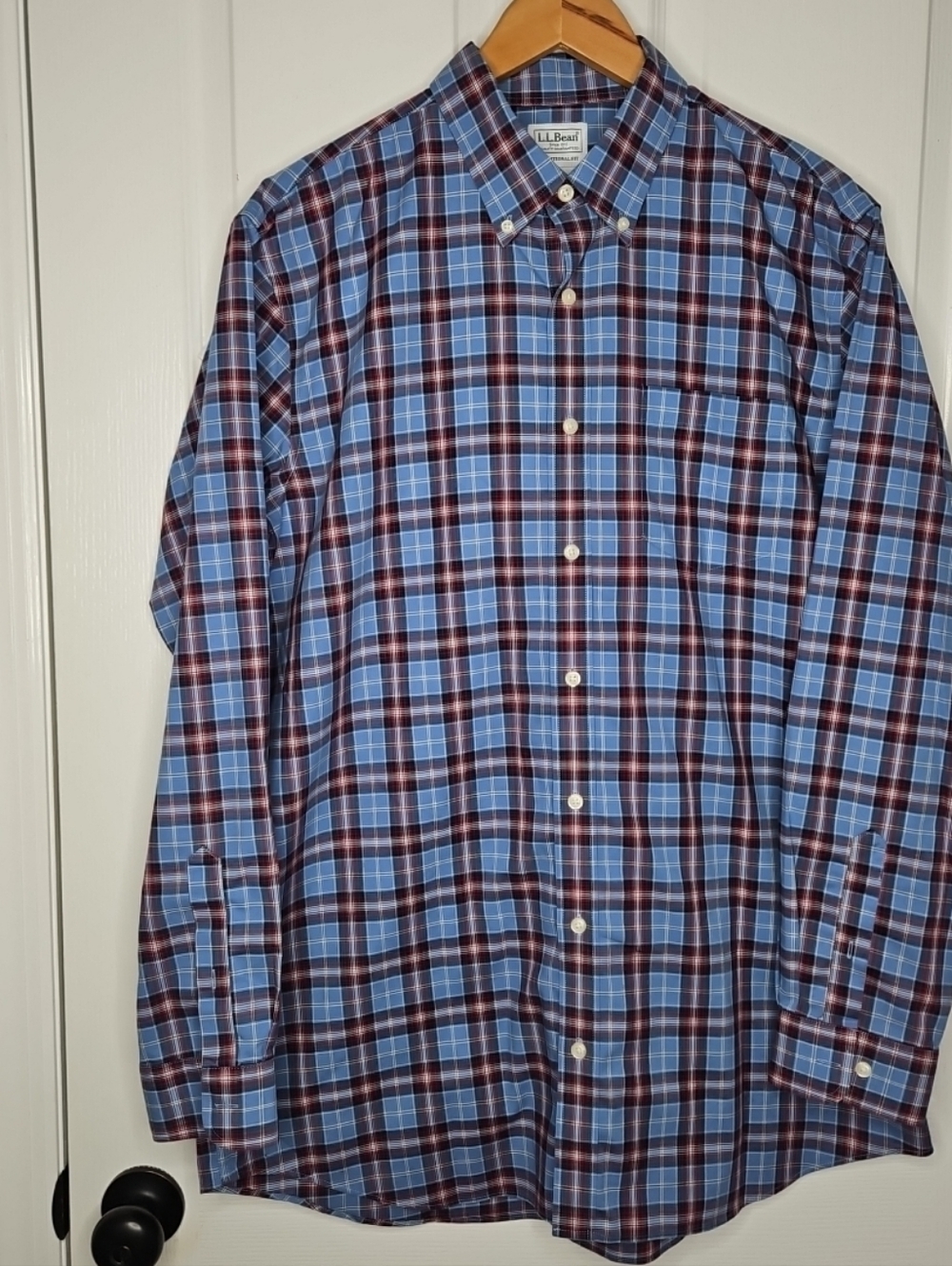 LL Bean Wrinkle-Free Kennebunk Sport Shirt Mens L Tall LT Plaid Blue Long Sleeve